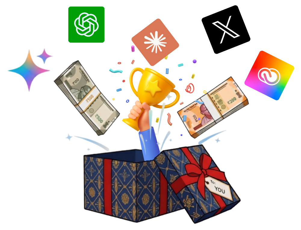 Open gift box with money, sparkles, and creative tool logos